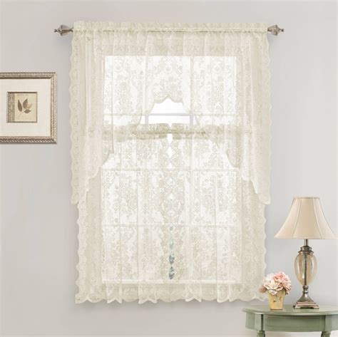 Country Chic Complete Floral Lace Kitchen Curtain Tier And Swag Valance Set Beige