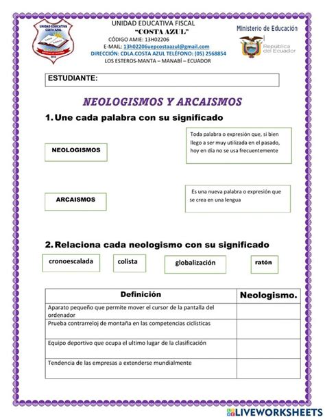 Arcaismos y neologismos worksheet Educación básica Ministerio de