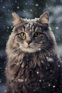 The grey cat's fluffy coat becomes a work of art against the snowy background, capturing a ...