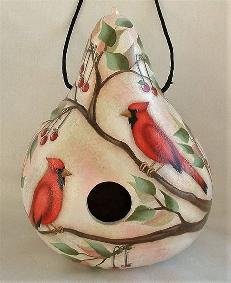 Cardinals And Cherries Gourd Birdhouse Hand Painted Gourds Hand