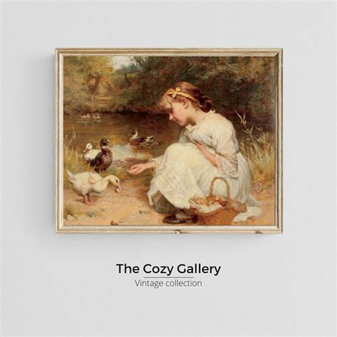 Vintage Girl Feeding Ducks Printable Art Antique Ducks Oil Painting