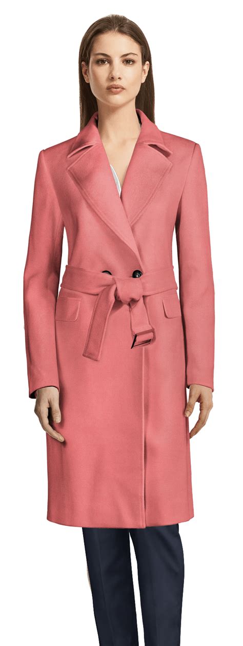 Long Light Pink Wool Trench Coat With Wide Lapels Sumissura