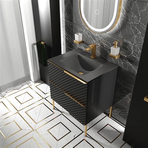 Elvia 600 Wall Hung Black Basin Unit With Gold Handles Bathroom City