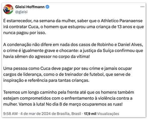 Gleisi Critica Athletico Pr Por Contratar Cuca