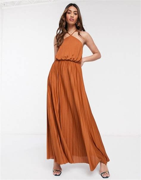 Asos Design Halter Neck Pleated Maxi Dress In Rust Asos Maxi Dress