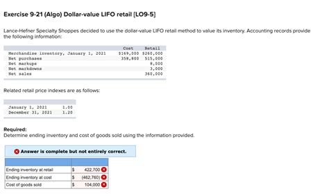 Solved Exercise 9 21 Algo Dollar Value LIFO Retail LO9 5 Chegg