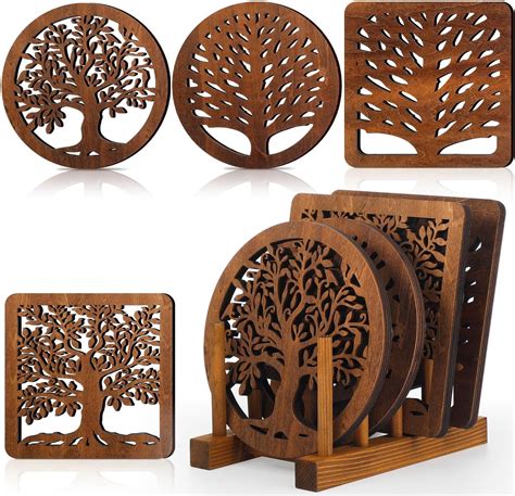 Amazon Beeveer Pcs Life Tree Wooden Trivets With Storage Rack Hot Pads Trivets For Hot