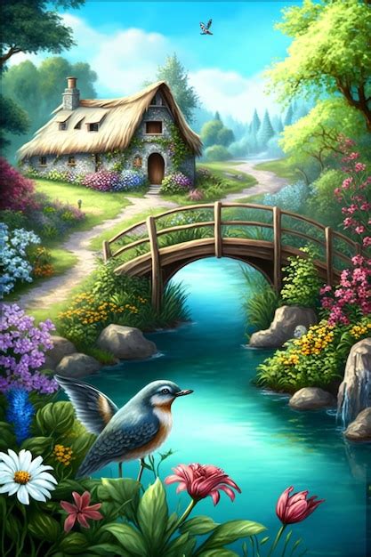 Painting Of Two Birds On A Bridge Over A River Generative Ai Premium