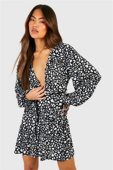 Ruffle Front Tie Sleeve Leopard Print Tea Dress Boohoo Uk