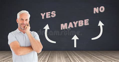 Man Thinking Yes No Maybe Text With Arrows Graphic On Wall Stock Image