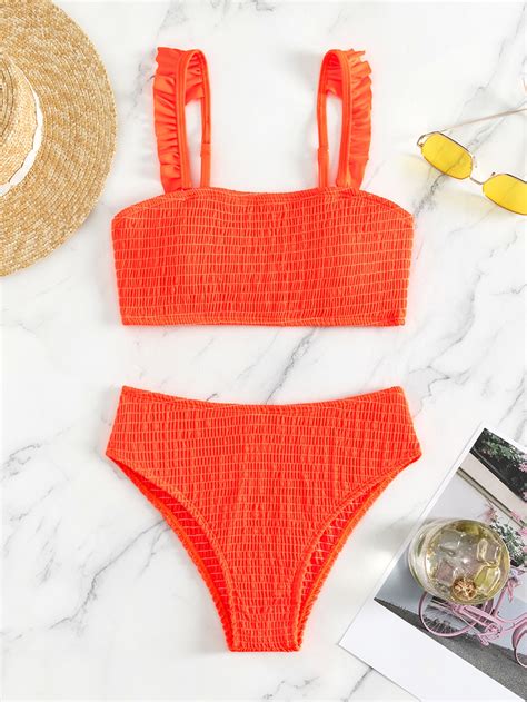 SHEIN Swim Chicsea Solid Bikini Set Smocked Frill Trim Bra High