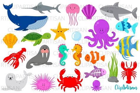 Sea Creatures Clipart, Under the Sea Clip Art, Whale, Shark