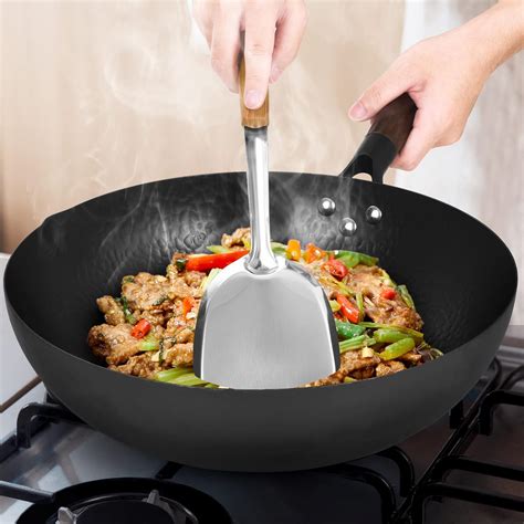 Cookeriess Wok De Acero Al Carbono Martillado A Mano Tapa De Madera