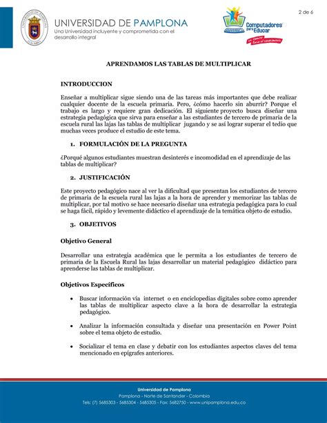 Proyecto Pedagógico Aprendamos las Tablas de Multiplicar PDF