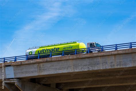 Tanker truck of the oil company BP circulating on a viaduct. Stock ...