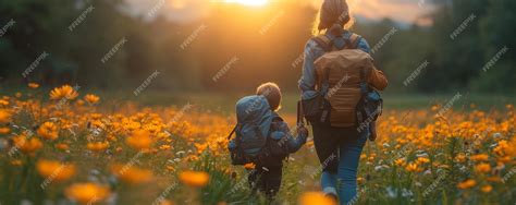 Premium Photo | Image Of A Mother And Her Kids Going On Nature Background