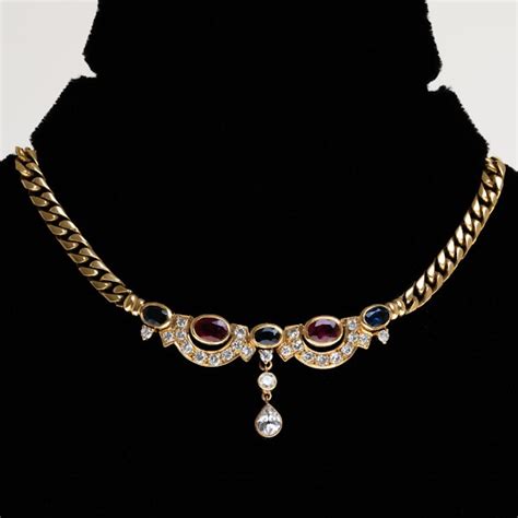 Retro Diamond Ruby And Sapphire Necklace Set In 1821 Ct Heavy Gold