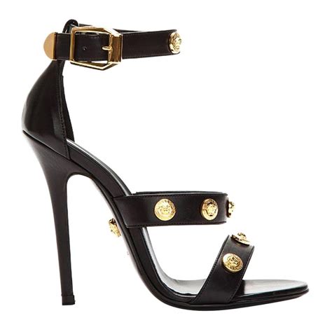 New Versace Signature Gold Tone Medusa Black Leather High Heel Sandals