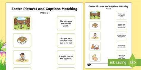 Phase 3 Easter Pictures And Captions Matching Worksheet