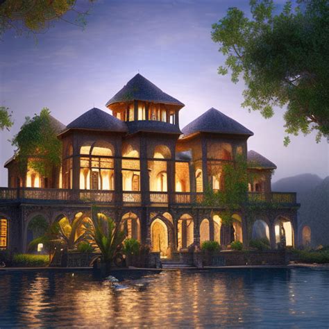 big persian villa surrounded  water  nature village close view