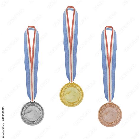 Watercolor illustration collection of three winner medals. Gold, silver ...