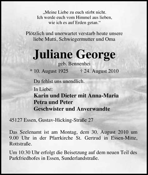 Traueranzeigen Von Juliane George Trauer In Nrw De