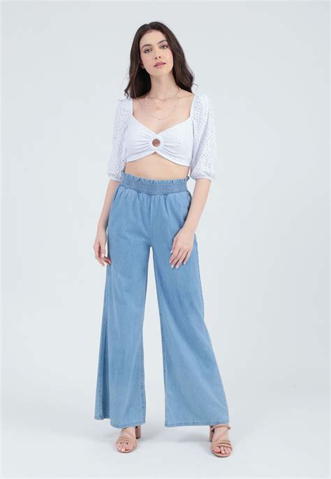 CALÇA JEANS WIDE LEG CÓS ELÁSTICO 42