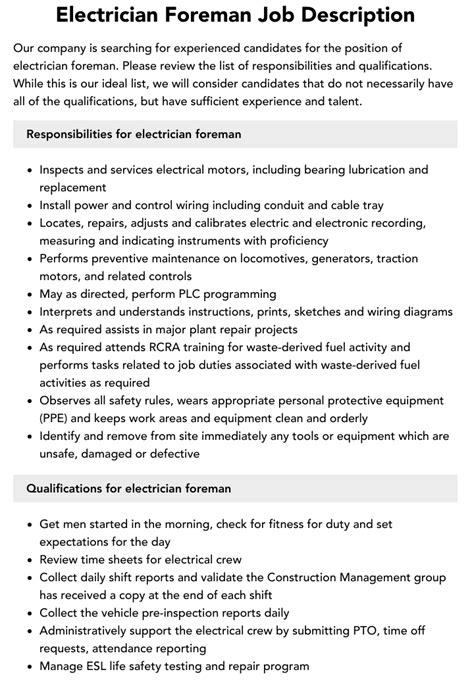 Electrician Foreman Job Description | Velvet Jobs