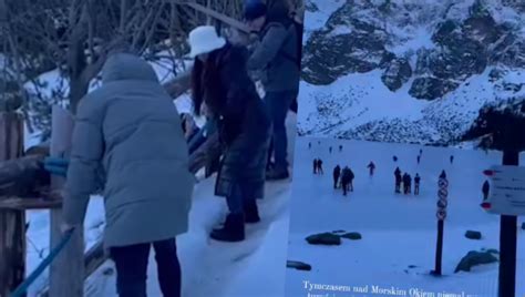 Tatry Turyści zdobywają szczyt głupoty nad Morskim Okiem WIDEO