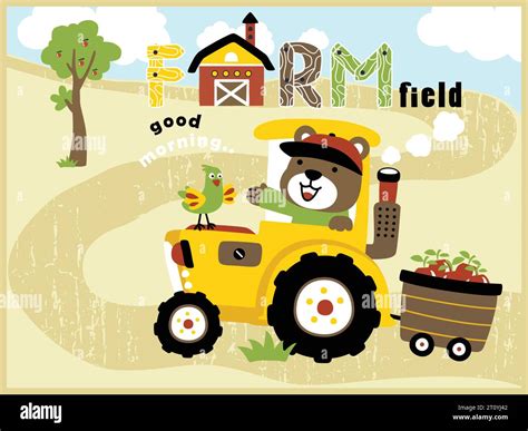 Cartoon Vector Of Cute Bear With Chicken On Tractor Farming Element