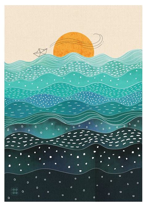 Ocean Illustration Wall Art Sea Water Waves Sunset Etsy