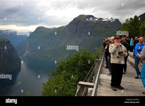 Tourists At The Eagles Road Viewing Platform Geiranger Norway