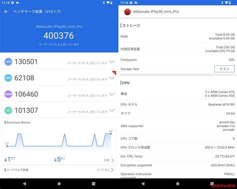ALLDOCUBE iPlay 50 mini Pro NFE メモリ8GBHelio G99の実機AnTuTuベンチマークスコア