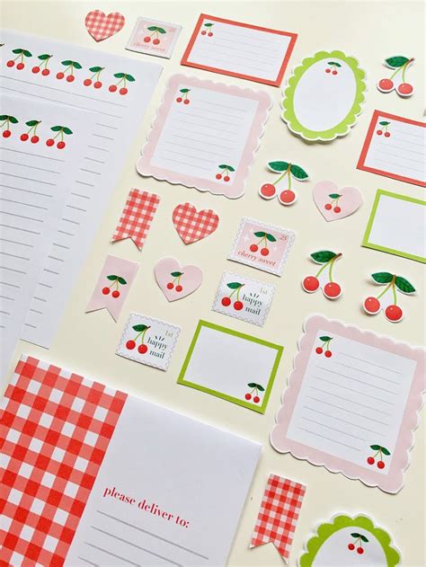 Printable Cherry Letter Writing Kit Penpal Paper Envelope Set Happy