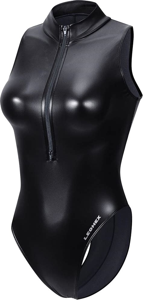 Leohex Metallic Shiny Spandex Leotard Sexy Bodysuit High Neck One Piece