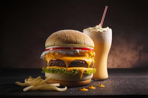 Premium Photo Classic Burger Milkshake And Fries