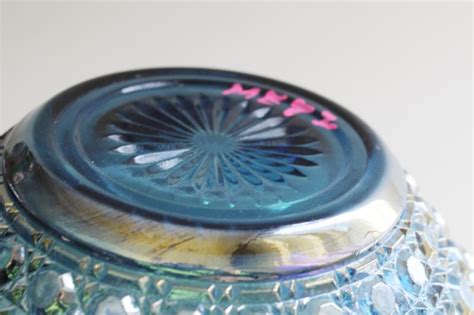 Vintage Blue Carnival Iridescent Glass Bowl Federal Windsor Pattern Cane Or Button