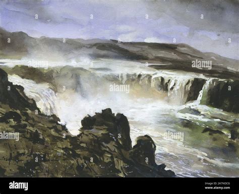 Icelandic waterfall watercolor painting. Godafoss waterfall Icelandic landscape watercolor ...