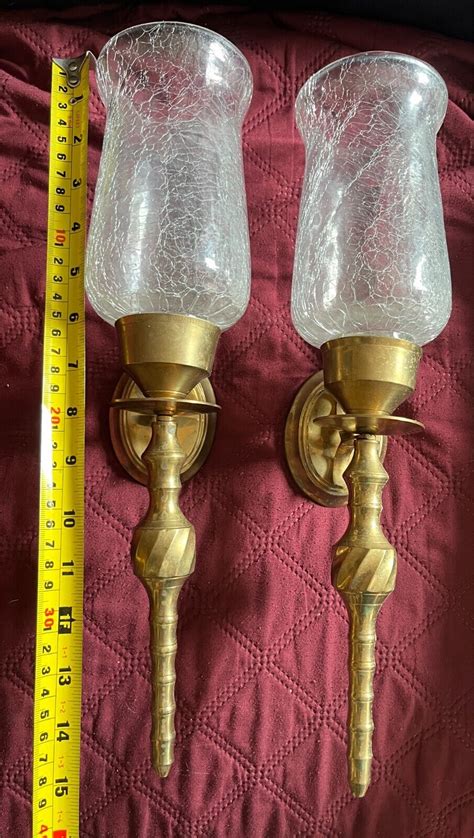 VINTAGE PAIR SOLID BRASS GLASS HURRICANE WALL SCONCE CANDLE HOLDERS 15 ...