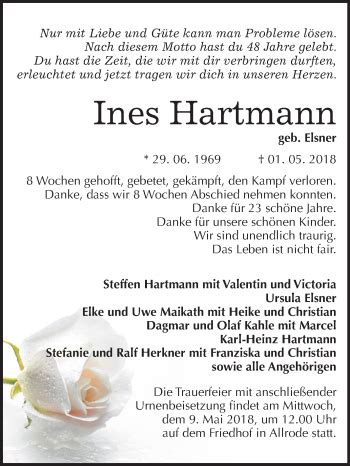 Traueranzeigen Von Ines Hartmann Abschied Nehmen De