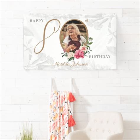 80th Birthday White Gold Floral Botanical Photo Banner | Zazzle