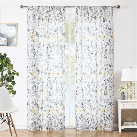 Fragrantex Floral Semi Sheer Curtains 40w X 95l Yellow And Grey Rod