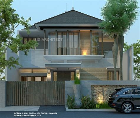 Rumah Tropis Batu Alam Ekspos Desain Fasad Modern2 Lantai Type 400