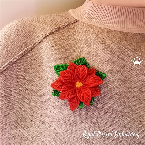 Poinsettia Christmas Star Brooch FSL Royal Present Embroidery