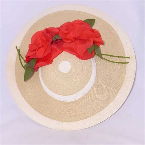 Vintage 1950s Wide Brim Straw Hat Red Roses Garden Pa Gem