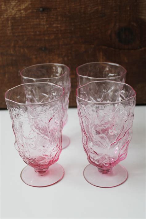 Heather Pink Glass Mod Vintage Drinking Glasses Set Driftwood Crinkle