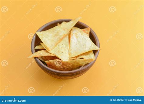 Nacho Cheese Tortilla Chips In A Bowl Crisp Golden Unhealthy Chips