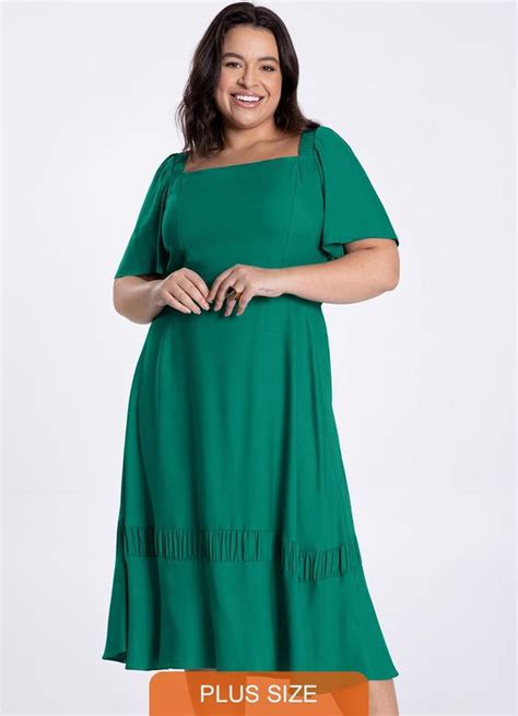 Vestido Midi Plus Size Detalhe Franzido Verde Lunender Mais Mulher