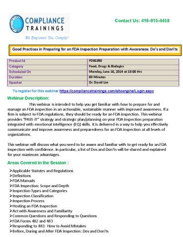 Ppt Webinar On Good Practices In Preparing For An Fda Inspection