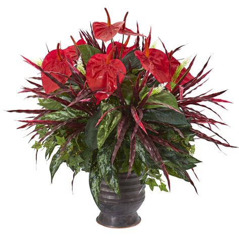 24” Mixed Anthurium Artificial Plant In Ribbed Metal Planter Nearly